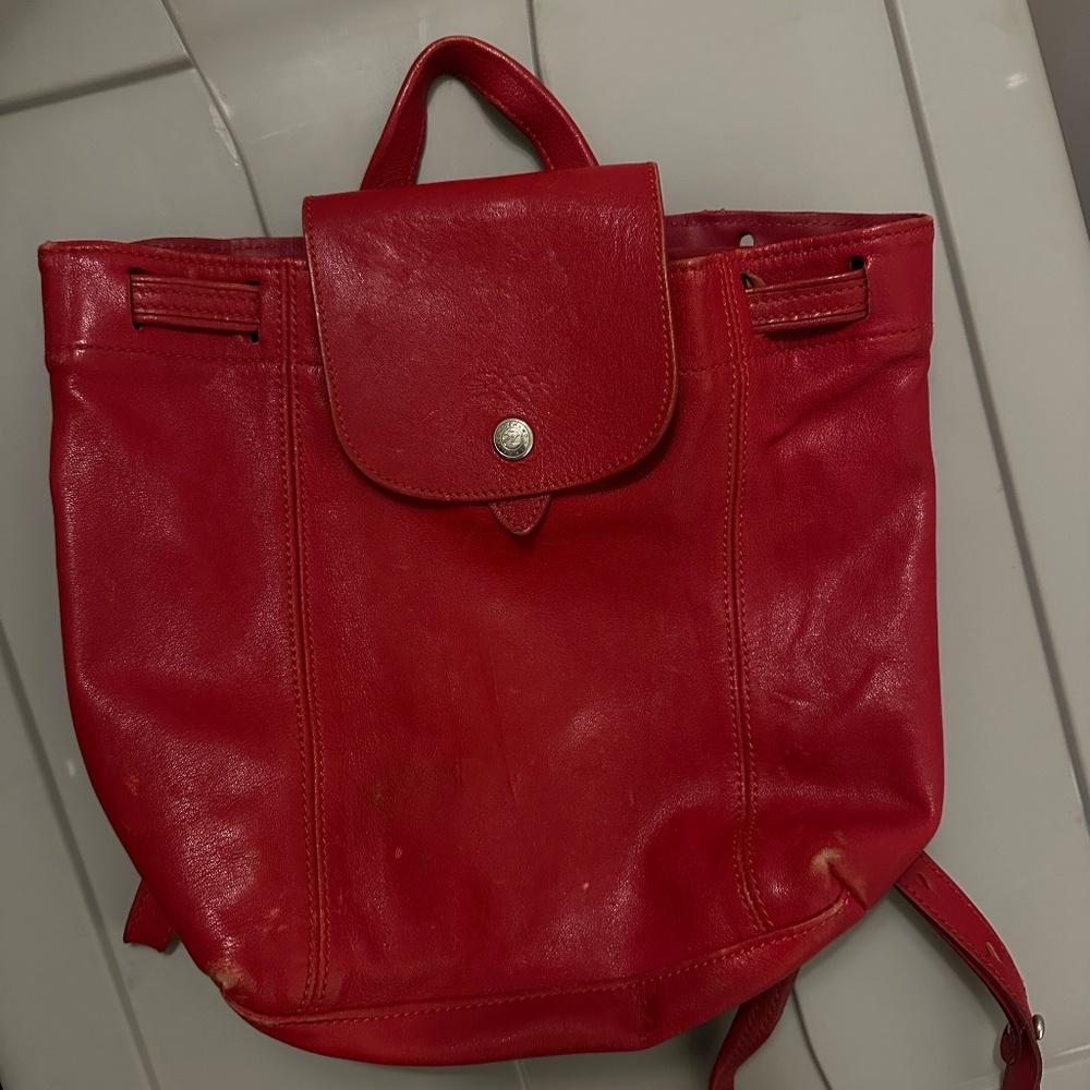 Barely Used Longchamp Le Pliage Cuir Mini XS Leather Backpack Red